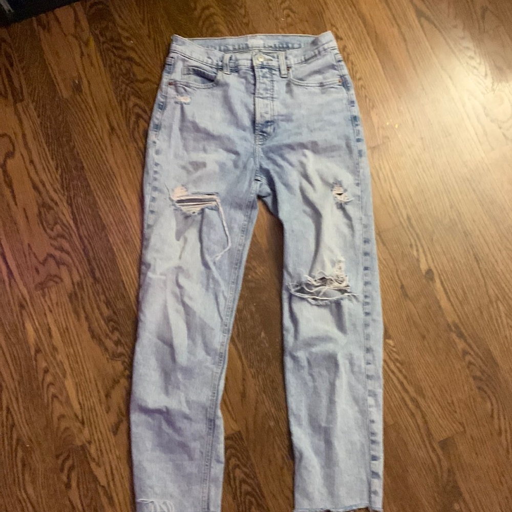 high/mid rise light wash straight leg jeans